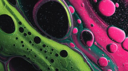 High-resolution abstract background with neon acid green, pink, and cyan bubbles floating in liquid swirl, glossy texture, perfect for digital art or posters