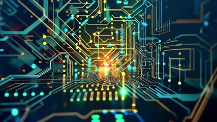 Aufkleber - Explore vibrant digital circuits with dynamic glowing patterns in high-resolution 4k stock recording showcasing advanced technology and innovation