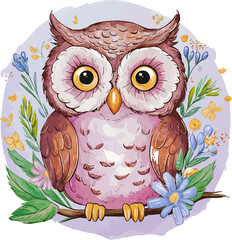 Cute cartoon wise brown owl with big eyes and feathers on a tree branch, a fun vector illustration of a wild bird character in nature