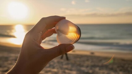 Wall Mural - golden sunlight shines through translucent seashell held by woman on beach with blurred person walki