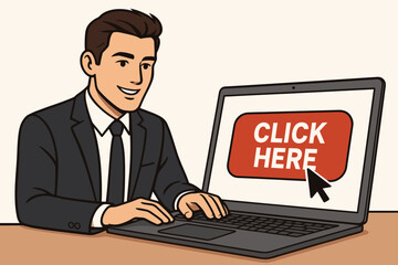 Businessman in suit using a laptop, screen shows a large red 'Click Here' button with cursor, concept for online marketing, website navigation, and call to action vector art.