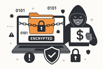 vector illustration of cyber extortion and ransomware attack, hacker demanding money for encrypted f