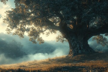 Aufkleber - Majestic tree standing alone on a hillside surrounded by morning mist at dawn in a serene landscape