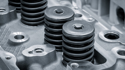 Aufkleber - close-up of engine valve springs. springs are black and shiny. mage has an industrial and mechanical mood, service repair car concept background