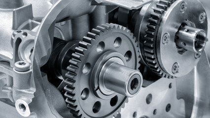 Aufkleber - Close up of gear teeth of exposed metal timing shaft of car engine, auto service concept background