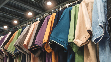 Poster - A rack of shirts with a variety of colors and styles. The shirts are hanging on a rack, and they are all different colors and styles