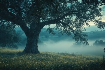 Aufkleber - Majestic tree standing alone on a hillside surrounded by morning mist at dawn in a serene landscape