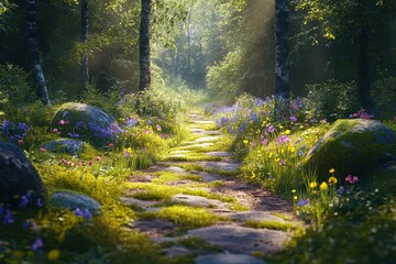 Aufkleber - Serene forest pathway adorned with colorful wildflowers and sunlit trees creates a tranquil escape in nature during the vibrant spring season