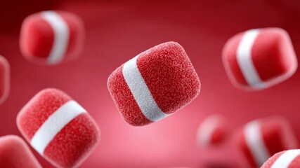 Poster - Floating Red Cubes: Abstract image of multiple red cubes with white stripes, floating in mid-air against a blurred red background. The image evokes a sense of lightness, playfulness.