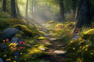 Aufkleber - Serene forest pathway adorned with colorful wildflowers and sunlit trees creates a tranquil escape in nature during the vibrant spring season