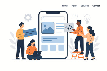 Collaborative Team Developing Mobile App Interface - UI UX Design and Programming Professionals Working Together on Smartphone Screen - Flat Vector Illustration for Web