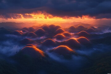 Poster - Sunset casts glowing light over rolling hills and valleys in a serene landscape filled with mist and dramatic clouds