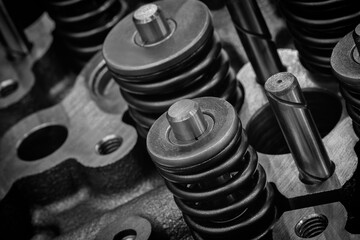 Aufkleber - Dark black close-up of engine valve springs. springs are black and shiny. mage has an industrial and mechanical mood, service repair car concept background.