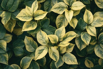Poster - Vibrant green and yellow leaf patterns showcasing healthy foliage in a natural setting during daylight hours