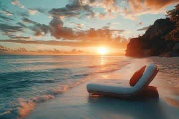 Poster - Sunset over the ocean with a wooden chair on the sandy beach creating a tranquil evening atmosphere