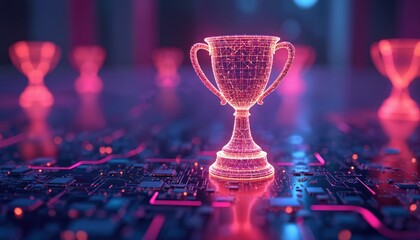 Poster - Futuristic digital trophy winner cup glowing cyber space. Award achievement concept victory in esports, gaming competition. Modern tech design on motherboard. Neon lights, dark background. Success