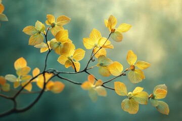 Aufkleber - Bright golden yellow leaves on a delicate branch create a stunning autumn atmosphere in a peaceful natural setting during sunset