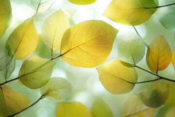Aufkleber - Bright golden yellow leaves on a delicate branch create a stunning autumn atmosphere in a peaceful natural setting during sunset