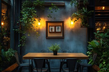 Aufkleber - Inviting dining area with warm lighting and lush greenery creates a cozy atmosphere in an urban setting at dusk