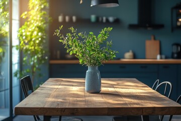 Aufkleber - Vibrant green herbs in a rustic vase on a wooden table in a cozy kitchen with warm sunlight streaming through the window in the late afternoon