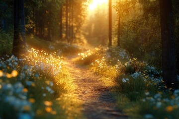 Aufkleber - Golden sunlight filters through trees along a winding path covered in flowers in a serene forest setting during early morning