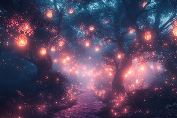 Aufkleber - Enchanting forest path illuminated by soft lantern light during twilight, creating a magical atmosphere for evening strolls