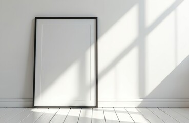 Poster - Minimalist black frame mockup leaning against white wall on wooden floor. Sunlight shadow creates stylish look. Empty art poster or photo frame for print display, gallery presentation.