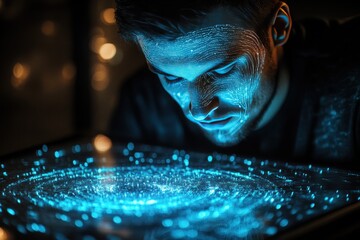 Poster - Futuristic hand interacting with holographic touchscreen in a dark, high-tech environment showcasing digital controls and interfaces