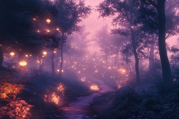 Aufkleber - Enchanting forest path illuminated by soft lantern light during twilight, creating a magical atmosphere for evening strolls