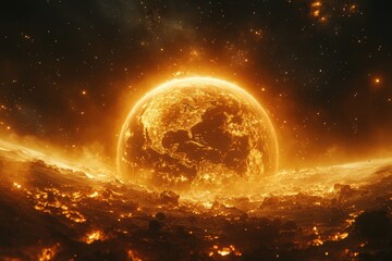 Aufkleber - Glowing planet in an otherworldly landscape surrounded by fiery elements during a mysterious cosmic event