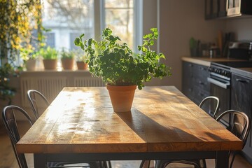 Aufkleber - Sunlight filters through windows onto a wooden table with a potted plant in a cozy kitchen setting, highlighting the warmth and tranquility of a sunny morning indoors