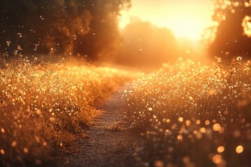 Aufkleber - Golden grasses sway gently in the twilight as fireflies illuminate the path at sunset, creating a serene atmosphere in the countryside