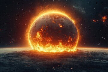 Aufkleber - Glowing planet in an otherworldly landscape surrounded by fiery elements during a mysterious cosmic event