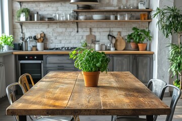 Aufkleber - Sunlight filters through windows onto a wooden table with a potted plant in a cozy kitchen setting, highlighting the warmth and tranquility of a sunny morning indoors