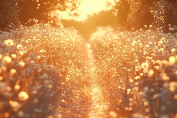 Aufkleber - Golden grasses sway gently in the twilight as fireflies illuminate the path at sunset, creating a serene atmosphere in the countryside