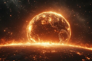 Aufkleber - Glowing planet in an otherworldly landscape surrounded by fiery elements during a mysterious cosmic event