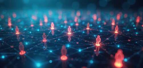 Aufkleber - Cyber network concept illustrating social media connectivity. Futuristic design with people icons interconnected by digital lines. Representing online interaction human network interactions web