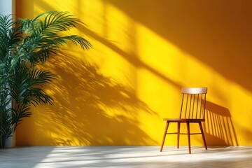 Poster - Sunlight streams through a window casting shadows on a bright yellow wall next to a green plant and a wooden chair in a cozy interior space