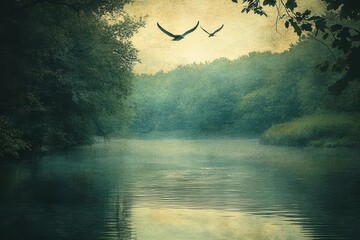Poster - Tranquil river with birds flying over a misty landscape during early morning light in a secluded forest