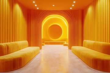 Aufkleber - Brightly lit yellow seating area in a modern space features stylish chairs and warm ambiance perfect for relaxation or socializing