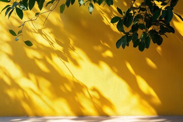 Fototapete - Sunlight streams through a window casting shadows on a bright yellow wall next to a green plant and a wooden chair in a cozy interior space