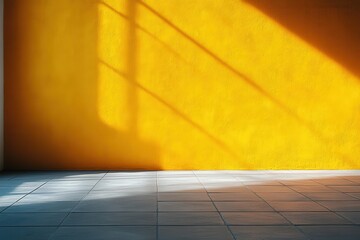 Fototapete - Sunlight streams through a window casting shadows on a bright yellow wall next to a green plant and a wooden chair in a cozy interior space