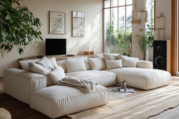 Aufkleber - Modern living room design featuring a spacious sectional sofa and stylish decor in an open concept home during daylight hours
