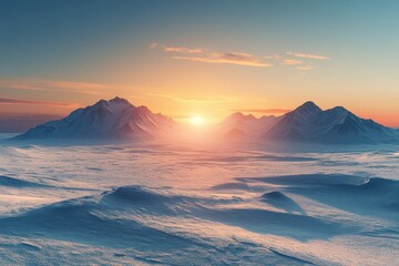 Poster - Sunrise over snow-covered mountains showcasing a breathtaking winter landscape during early morning hours