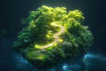 Aufkleber - Luminous winding path through a vibrant green forest island surrounded by shimmering water at night, inviting exploration and tranquility in a magical landscape