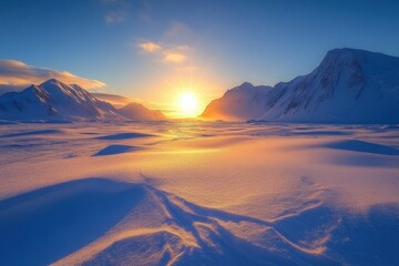 Poster - Sunrise over snow-covered mountains showcasing a breathtaking winter landscape during early morning hours