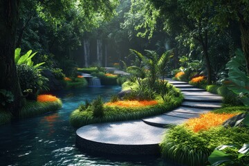 Aufkleber - Luminous winding path through a vibrant green forest island surrounded by shimmering water at night, inviting exploration and tranquility in a magical landscape