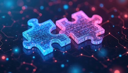 Poster - Digital art illustration composed of two glowing puzzles in blue and pink shades. Futuristic technology integration and communication concept. Abstract design, teamwork, connection, network, circuit.
