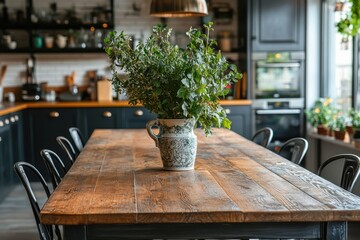Aufkleber - Floral centerpiece brightens a rustic kitchen table during morning sunlight hours in a cozy home environment