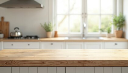 Aufkleber - Empty wood table top counter and blur bokeh modern kitchen interior background in bright. Ready white background product montage. Kitchen background for product display.